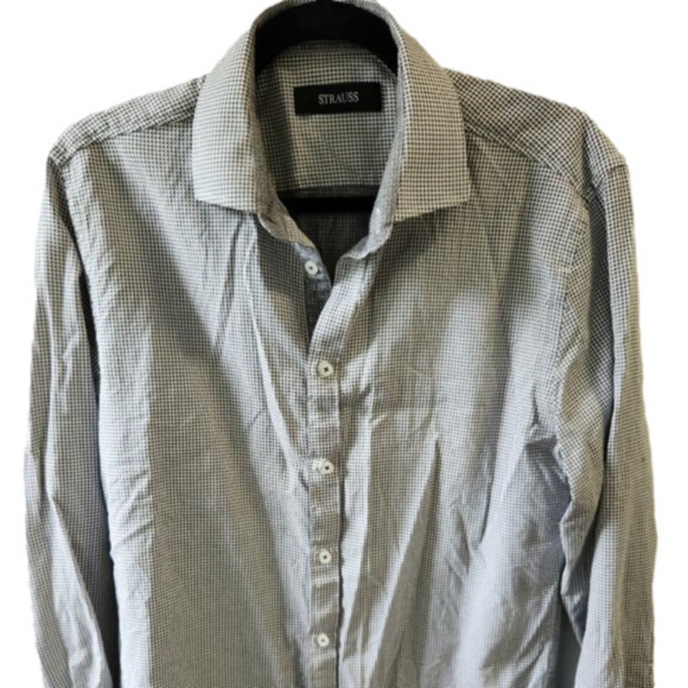 P012. Strauss Men's White with Grey Dots Dress Shirt |16.5/42